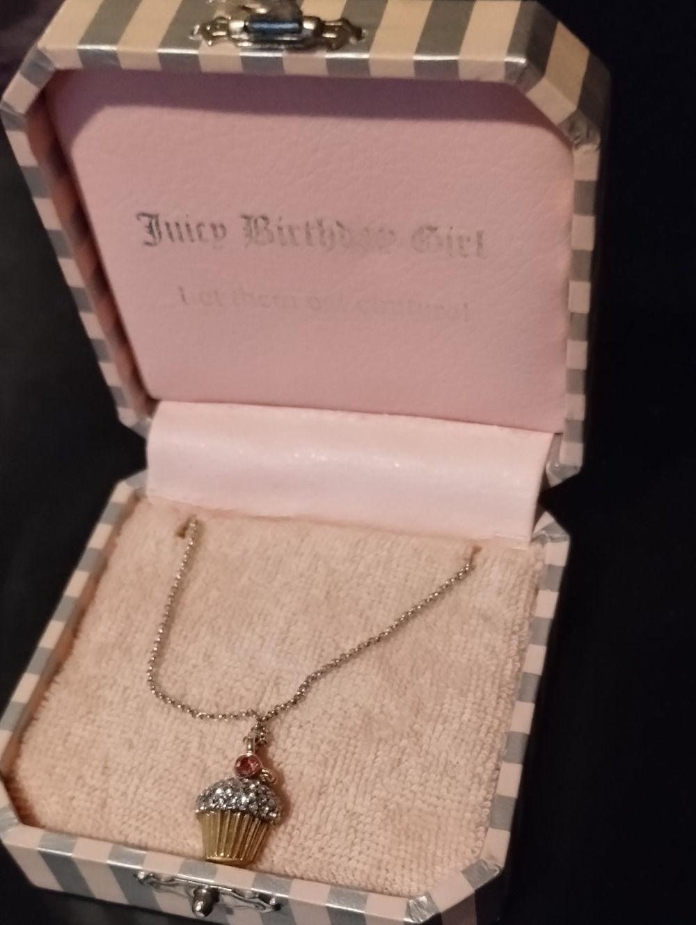 Vintage Juicy Couture Gold & Silver Cupcake Pendant Necklace with Pink Accent